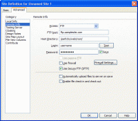 The Site Manager "Remote Info" in Dreamweaver